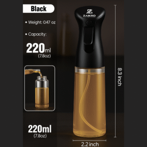 ZAIKRO Oil Sprayer Bottle for Cooking | 220ml Glass Oil Spray Bottle for Kitchen | Leak-Proof Refillable Dispenser for Air Fryer, Salad, Roasting & Frying