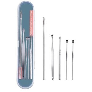 Stainless Steel Ear Wax Cleaner 6pcs With Storage Box, Reusable, Ear wax Remover Tool Kit with Curette Cleaner and Bud Cleaner