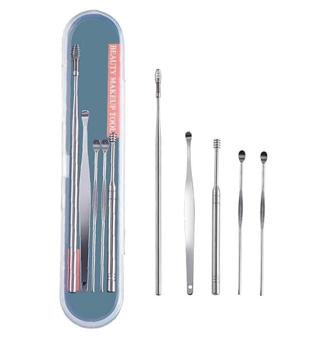 Stainless Steel Ear Wax Cleaner 6pcs With Storage Box, Reusable, Ear wax Remover Tool Kit with Curette Cleaner and Bud Cleaner