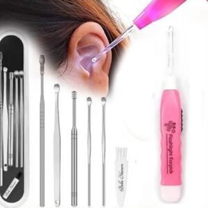 Ear Wax Cleaner 6pcs With Storage Box with Led Ear cleaner, Reusable, Stainless Steel, wax Remover Tool Kit with Curette Cleaner and Bud Cleaner