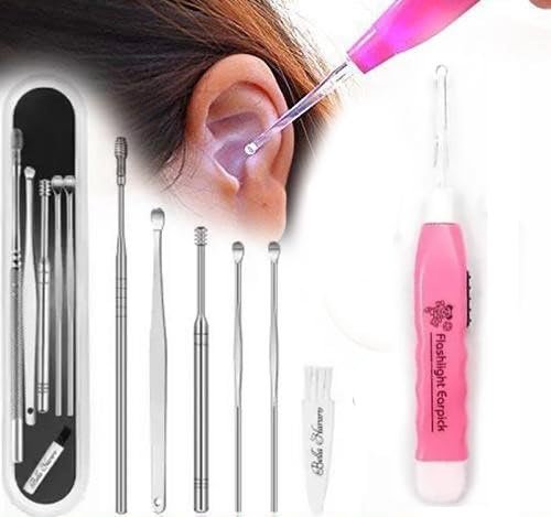 Ear Wax Cleaner 6pcs With Storage Box with Led Ear cleaner, Reusable, Stainless Steel, wax Remover Tool Kit with Curette Cleaner and Bud Cleaner