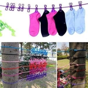Cloth Drying Rope with 12Hooks , Outdoor Cloth Drying Line, Cloth Rope with Clips, Cloth Hanging Rope, Cloth Hanging Stand (Multicolor)