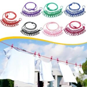 Cloth Drying Rope with 12Hooks , Outdoor Cloth Drying Line, Cloth Rope with Clips, Cloth Hanging Rope, Cloth Hanging Stand (Multicolor)