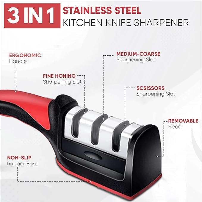 Knife Sharpener for Kitchen | Red Ribbon Pro Heavy Duty Knife Sharpening Tool | 304 Stainless Steel Sharpener for Kitchen & Small Knives (Pack of 1) - Image 5