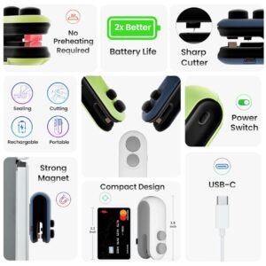 Portable Mini Sealing Machine, Handheld Packet Sealer For Food, Snacks, chips, Plastic Bag 2 in One With Cutter and USB Type C, Rechargeable (Multicolor)