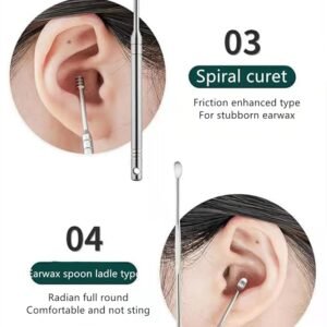 Stainless Steel Ear Wax Cleaner 6pcs With Storage Box, Reusable, Ear wax Remover Tool Kit with Curette Cleaner and Bud Cleaner
