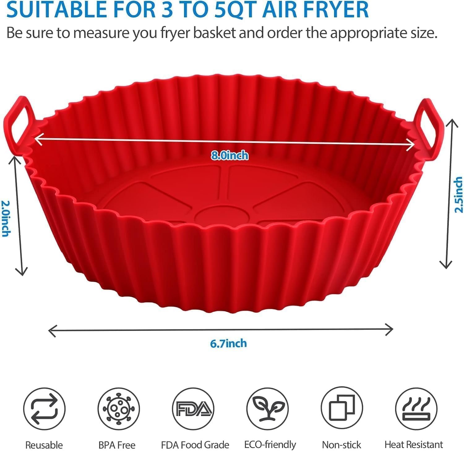 Air Fryer Liners Pot with Ear Handles | Non-Stick Reusable Silicone Basket, Heat-Resistant Baking Tray for Oven & Air Fryer Accessories (Multicolor, 8 Inch, Pack of 2) - Image 2