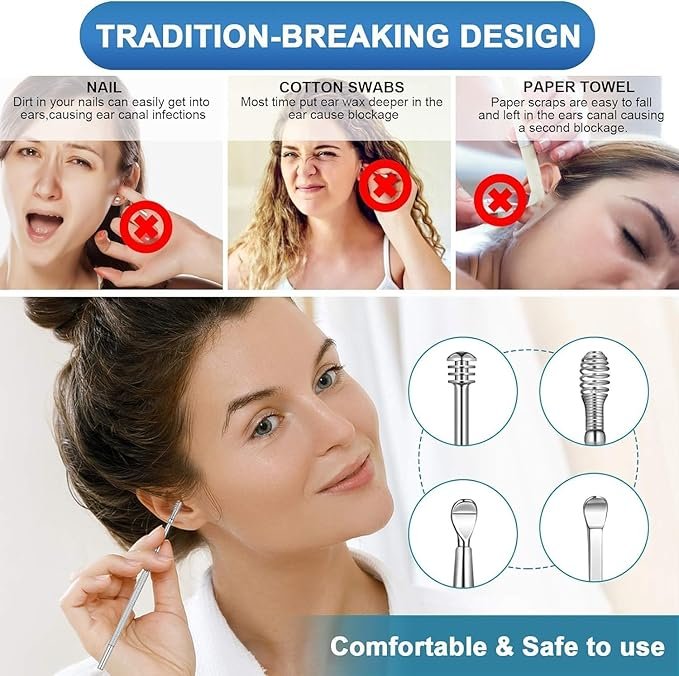 Ear Wax Cleaner 6pcs With Storage Box with Led Ear cleaner, Reusable, Stainless Steel, wax Remover Tool Kit with Curette Cleaner and Bud Cleaner - Image 4