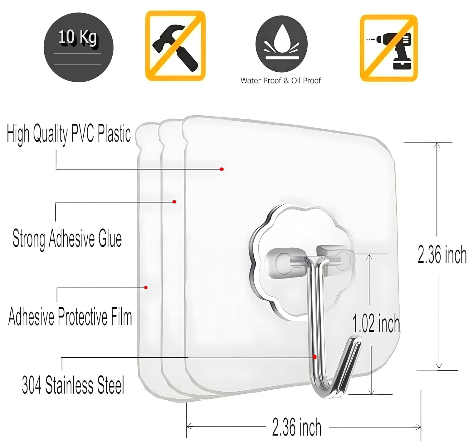 Heavy Duty Self Adhesive Stainless Hooks (Pack of 20) , Transparent Waterproof And Oilproof Wall Hooks For Kitchen Bathroom, Door Home Improvement Utility Hanger - Image 3