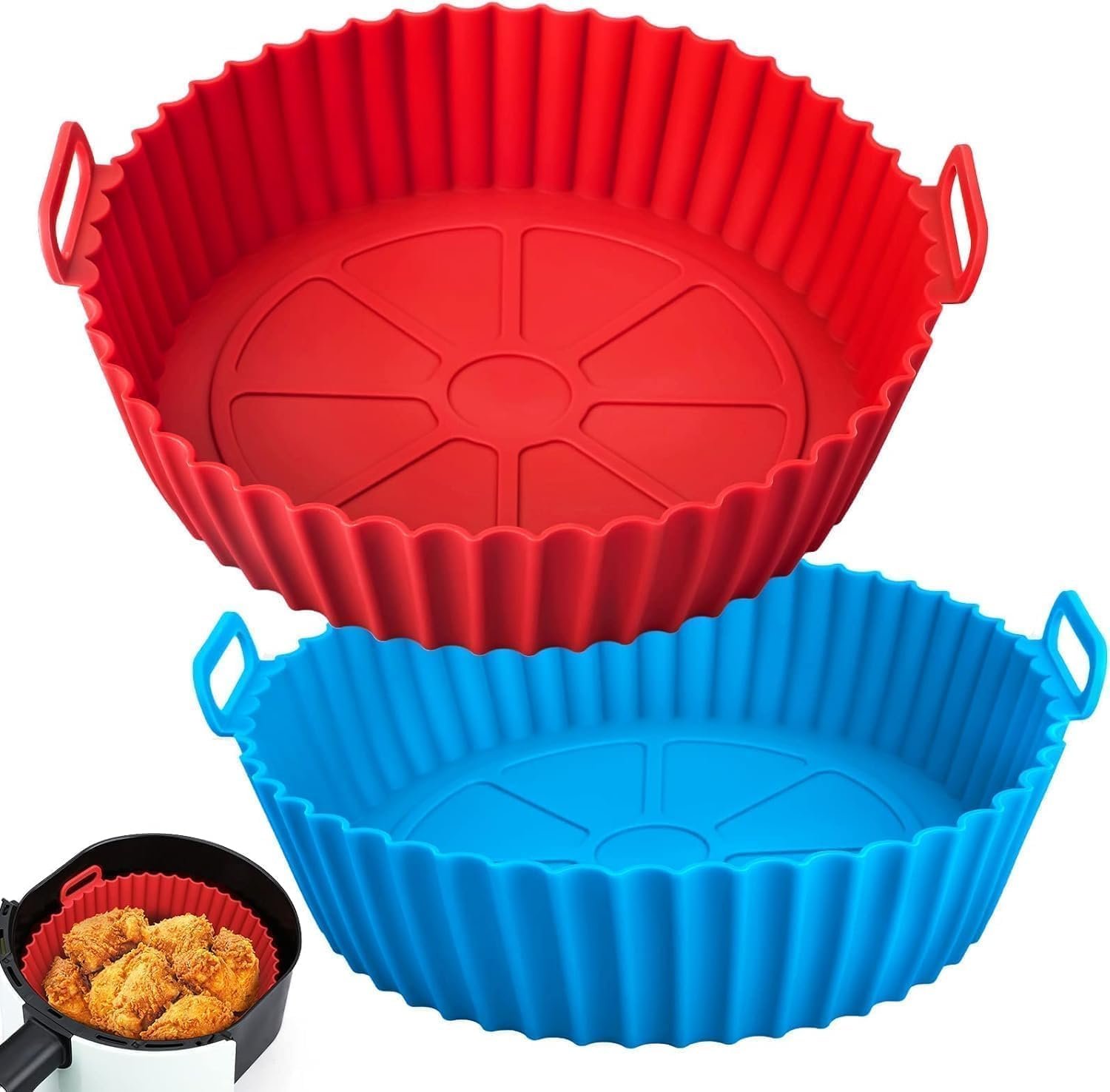 Air Fryer Liners Pot with Ear Handles | Non-Stick Reusable Silicone Basket, Heat-Resistant Baking Tray for Oven & Air Fryer Accessories (Multicolor, 8 Inch, Pack of 2)
