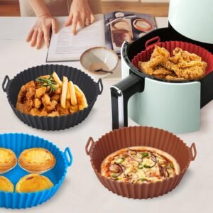 Air Fryer Liners Pot with Ear Handles | Non-Stick Reusable Silicone Basket, Heat-Resistant Baking Tray for Oven & Air Fryer Accessories (Multicolor, 8 Inch, Pack of 2)