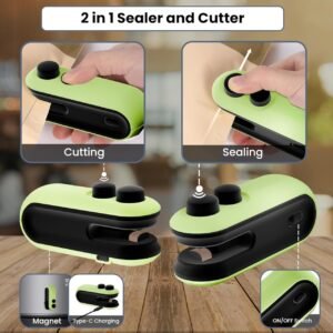 Portable Mini Sealing Machine, Handheld Packet Sealer For Food, Snacks, chips, Plastic Bag 2 in One With Cutter and USB Type C, Rechargeable (Multicolor)